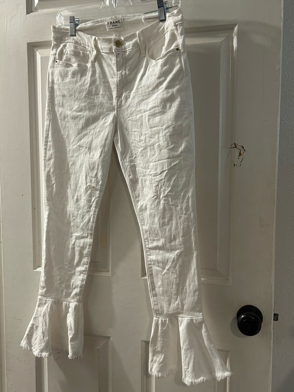 Frame Denim White Ruffle-Hem Wide Leg Jeans